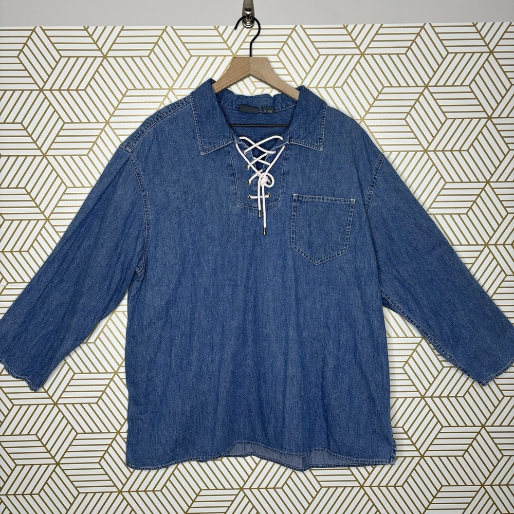 Vintage Y2K 90s Women's Denim Shirt Lace Up Western Capsule Cotton Large Coastal